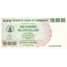 P58 Zimbabwe - 100.000.000 Dollars Year 2008/2008 (Bearer Cheque)